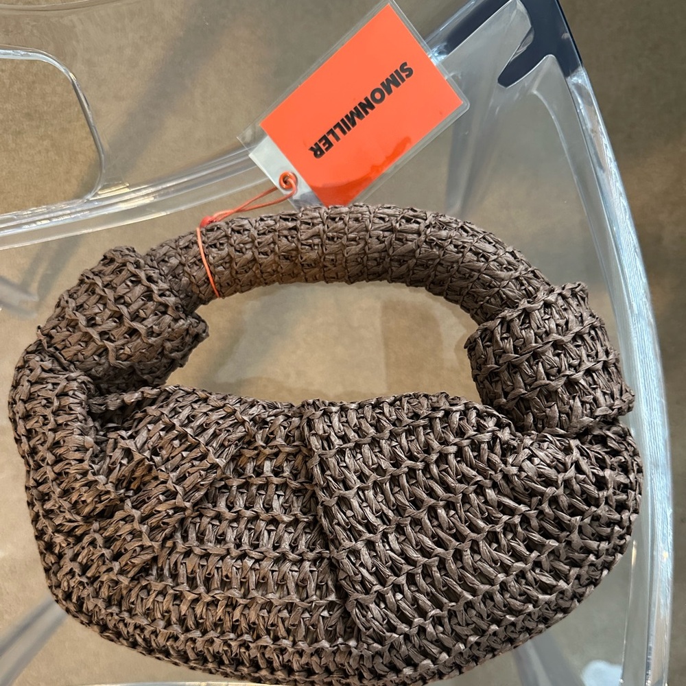 NWT Simon Miller RAFFIA LOPSY BAG IN CHOCOLATE AND DUST COVER